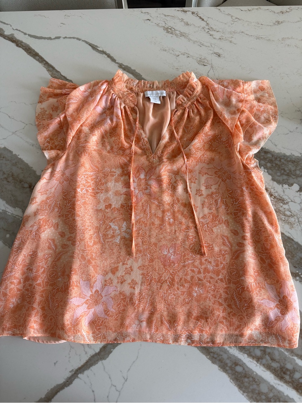House of Harlow 1960 Peach Floral Tie-Front Flutter Sleeve Blouse